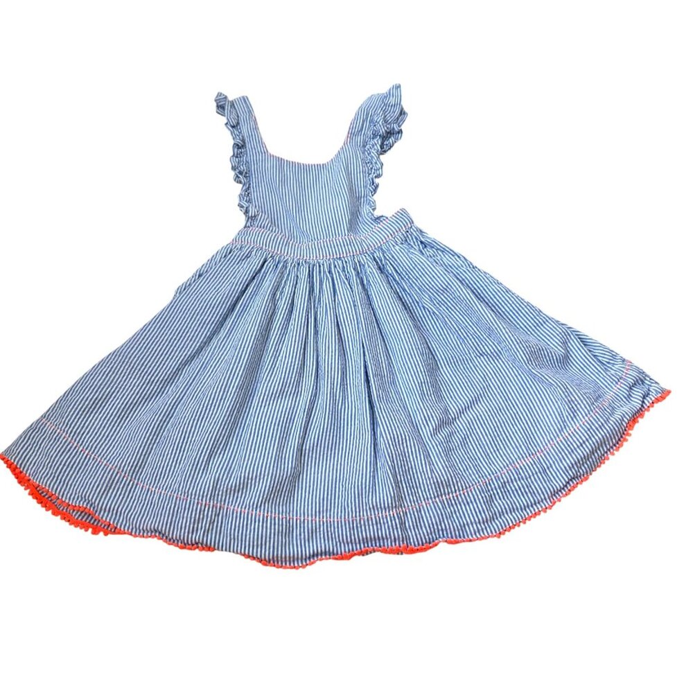 Mini Boden Girls Striped Cotton Dress 4-5Y Blue & White With Pink Hem Ruffle